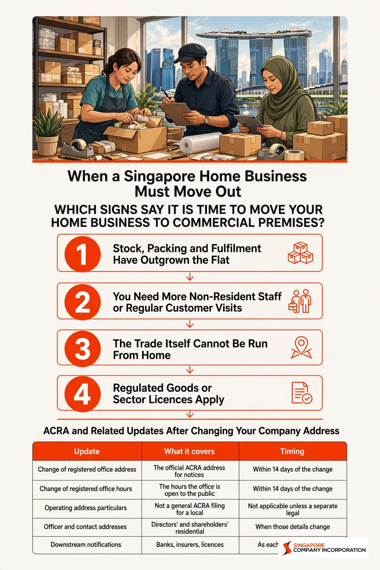 Infographic: When a Singapore Home Business Must Move Out — 4 steps: Stock, Packing and Fulfilment Have Outgrown the Flat, You Need More Non-Resident Staff or Regular Customer Visits, The Trade Itself Cannot Be Run From Home